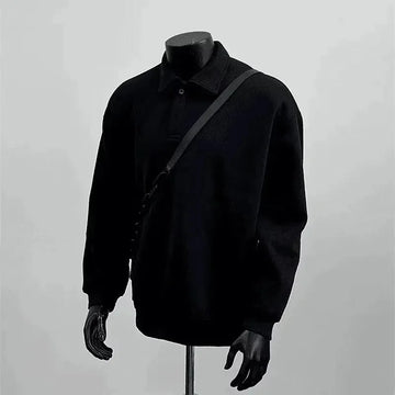 Deep Grey Polo Collar Sweatshirt Men's Spring Autumn Long Sleeve Turn Collar American Retro Jacket Loose Fit Casual Wear